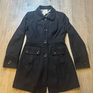 Tulle Women’s Wool Blend Coat L Black Button Front Lined Long Jacket Retro Y2K